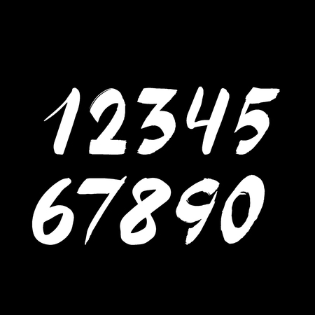 Handwritten numbers isolated on background. Hand drawn brush stroke fonts. White chalk numeral on a black board. Vector illustrationのイラスト素材