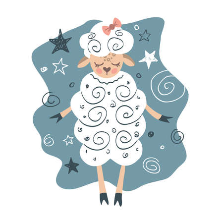 Hand-drawn cute lamb. Sleeping lamb on a stars backgroundのイラスト素材