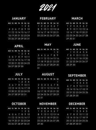 Vector calendar for 2021 year. Week starts monday. Black backgroundのイラスト素材