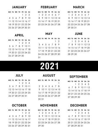 Vector calendar for 2021 year. Week starts mondayのイラスト素材