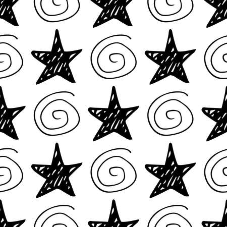 Seamless star pattern. Hand-drawn stars and spiralsのイラスト素材