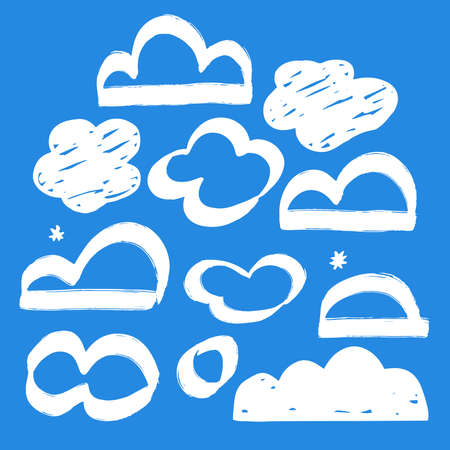 Set of clouds. Hand-drawn white cloud collection on blue background. Vector illustration. 10 epsのイラスト素材