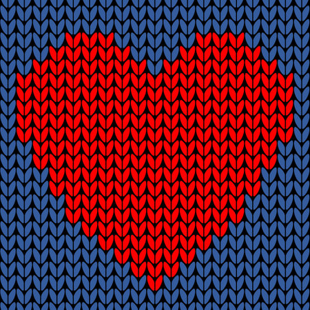Vector seamless knit pattern with red heart. Knitted backgroundのイラスト素材