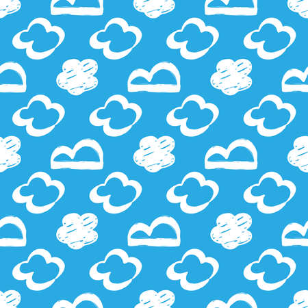 Seamless drawn cloud pattern. Brush painted clouds on a blue backgroundのイラスト素材