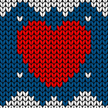 Vector seamless knit pattern with red heart. Knitted backgroundのイラスト素材