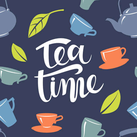 Hand drawn silhouette of a tea cups with inscription - Tea Timeのイラスト素材