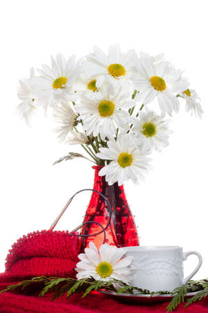 White Flowers Bouquet in Red Vaseの写真素材