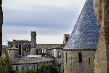 The medieval city of Carcassonne in Occitanie in south of Franceの写真素材