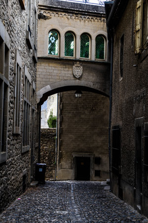 Street in the old town of Dinan, Brittany, France.の写真素材
