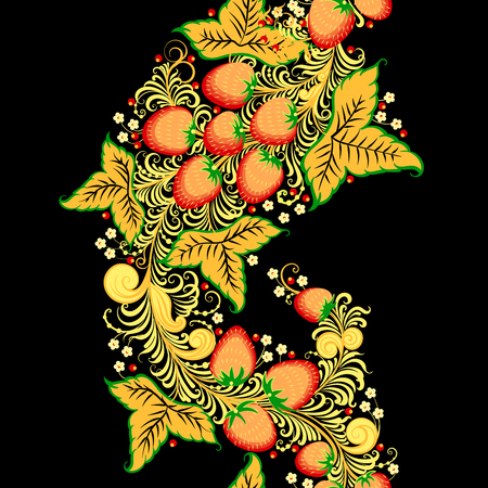Traditional Russian vector seamless pattern in khokhloma style with flowers and strawberryのイラスト素材