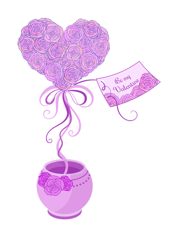Small spring tree  topiary with  pink roses  and ribbons in violet pot for valentine day greeting cardのイラスト素材