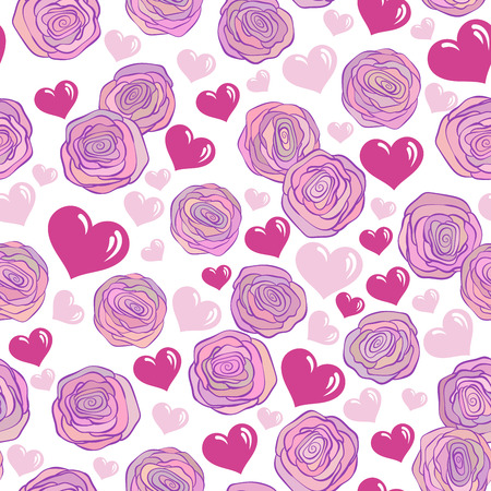 Seamless pattern with pink roses, hearts,on white background. Perfect for valentine s day decorationのイラスト素材