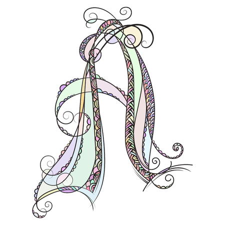 Zentangle monogram A. Doodle colorful alphabet character with patterns and zentangle ornamet.Hand drawn capital letterのイラスト素材