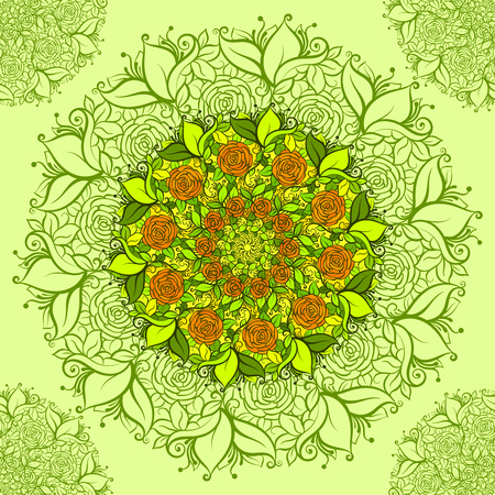 Intricate vector flower pattern. Elaborate floral background from flower mandala elements for your design. Vector floral seamless pattern in hippie boho style. Vector lines background. Round ornamentsのイラスト素材