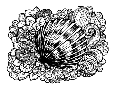 Hand Draw stylized seashell with doodle swirls and leaves. Hand Drawn aquatic doodle vector illustration. Sketch for tattoo or mehendi. Seashell monochrome lineart designのイラスト素材