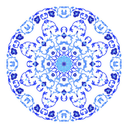 Indian round ornament, kaleidoscopic floral pattern, mandala. Design made in Russian gzhel style and colors.のイラスト素材