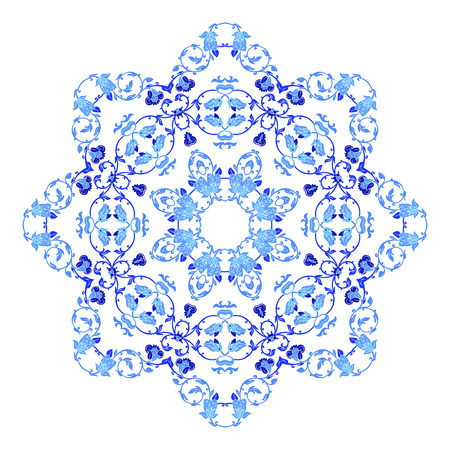 Indian round ornament, kaleidoscopic floral pattern, mandala. Design made in Russian gzhel style and colorsの写真素材