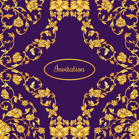 Floral decorated invitation card with antique, luxury violet and gold vintage ornament, victorian banner, damask baroque style booklet, fashion pattern, template for design.のイラスト素材