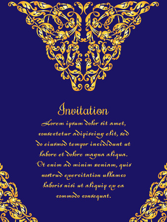Abstract background with antique, luxury black and gold vintage frame, victorian,damask floral wallpaper ornaments, invitation card, baroque style booklet, fashion pattern, template for designのイラスト素材