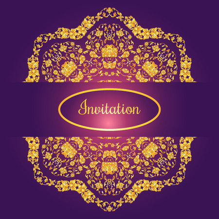 Floral decorated invitation card with antique, luxury gold vintage ornament on violet gradient background, victorian banner, damask baroque style booklet, fashion pattern, template for design.のイラスト素材