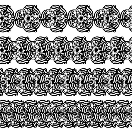 Hand-drawn mehendi ornamental border. Indian henna tattoo set. Vector illustration isolated on whiteのイラスト素材