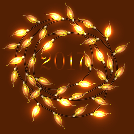 Colorful Glowing wreath of Christmas Lights.Vector banner fornew 2017 Year. Vector Holiday Illustration of luminous electric garland of shiny light bulbs and wire.のイラスト素材