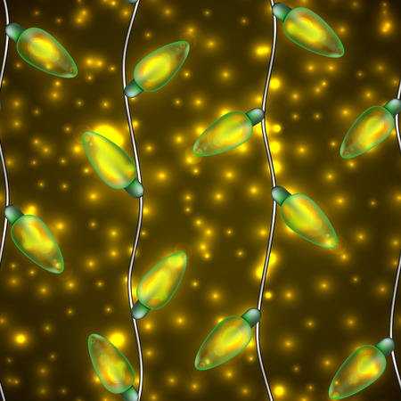Colorful Glowing Christmas Lights.Vector seamless pattern can be used as backdrop for new Year decoration. Holiday Illustration, luminous electric garland, shiny light bulbs and wire.のイラスト素材