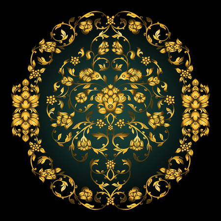 Floral decorated invitation card with antique, luxury gold vintage ornament on green gradient background, victorian banner, damask baroque style booklet, fashion pattern, template for design.のイラスト素材