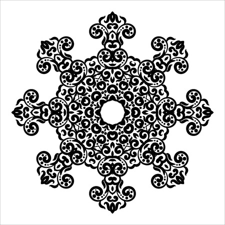 Circle lace ornament, round ornamental geometric doily pattern, black and white isolated mandala.のイラスト素材