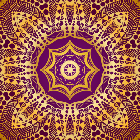 Rich gold invitation card in the Indian style. Bohemian Cards with mandalas. Royal purple and gold ornament. Unique template for design or backdropのイラスト素材
