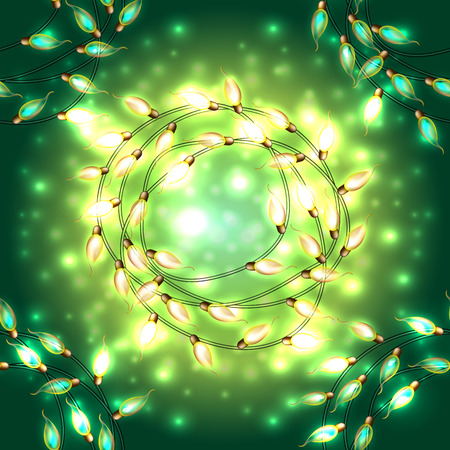 Colorful Glowing Christmas Lights.Vector elements can be used as backdrop for new Year decoration. Holiday Illustration, luminous electric garland, shiny light bulbs and wire.のイラスト素材