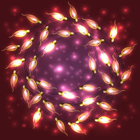 Colorful Red Glowing Christmas Lights.Vector elements can be used as backdrop for new Year decoration. Holiday Illustration, luminous electric garland, shiny light bulbs and wire.のイラスト素材