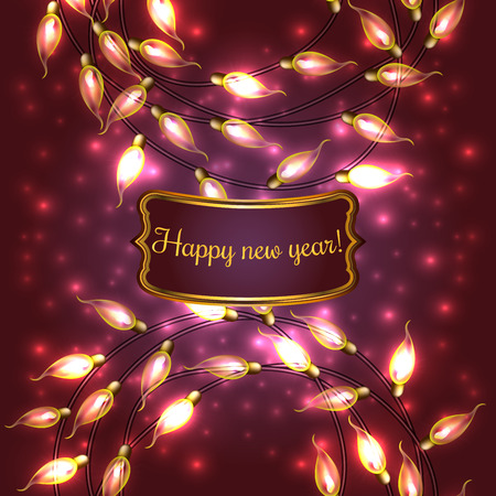 Colorful Red Glowing Christmas Lights.Vector elements can be used as backdrop for new Year decoration. Holiday Illustration, luminous electric garland, shiny light bulbs and wire.のイラスト素材