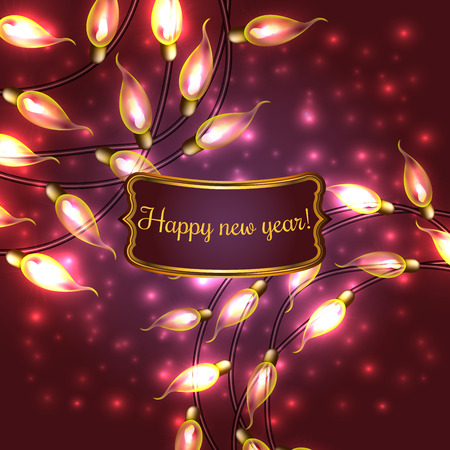 Colorful Red Glowing Christmas Lights.Vector elements can be used as backdrop for new Year decoration. Holiday Illustration, luminous electric garland, shiny light bulbs and wire.のイラスト素材