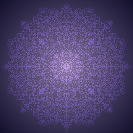 Lacy mandala in the Indian style. Bohemian ornament. Royal purple circle tracery. Unique template for design or backdrop.のイラスト素材