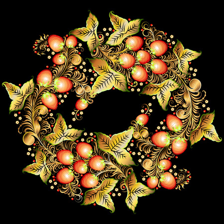 Round ornament in Russian national style Khokhloma painting.Wreath illustration of traditional folk russian floral old ornament on black background.のイラスト素材