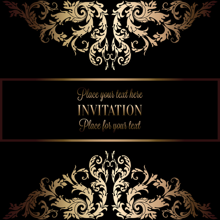 Vintage gold invitation or wedding card on black background, divider, header, ornamental lacy vector frame.のイラスト素材