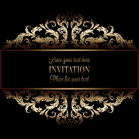 Vintage gold invitation or wedding card on black background, divider, header, ornamental lacy vector frame.のイラスト素材