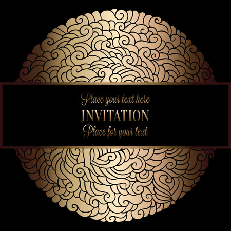 Abstract background with antique, luxury black and gold vintage frame, victorian banner, damask floral wallpaper ornaments, invitation card, baroque style booklet, fashion pattern, template for design.のイラスト素材