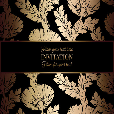 Abstract background with antique, luxury black and gold vintage frame, victorian banner, damask floral wallpaper ornaments, invitation card, baroque style booklet, fashion pattern, template for design.のイラスト素材