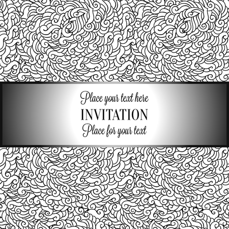 Romantic background with antique, luxury black and white vintage frame, victorian banner, made of feathers wallpaper ornaments, invitation card, baroque style booklet, fashion pattern with place for text.のイラスト素材