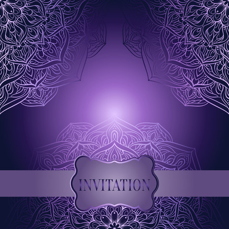 Romantic background with antique, luxury purple and lilac vintage frame, victorian banner, lacy mandala wallpaper ornaments, invitation card, baroque style booklet, fashion pattern.のイラスト素材