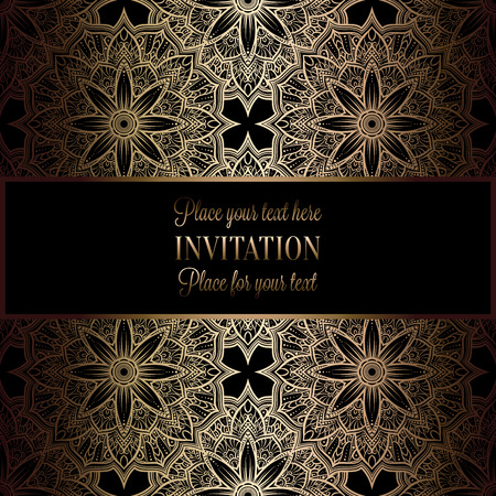 Baroque background with antique, luxury black and gold vintage frame, victorian banner, damask floral wallpaper ornaments, invitation card, baroque style booklet, fashion pattern, template for design.のイラスト素材