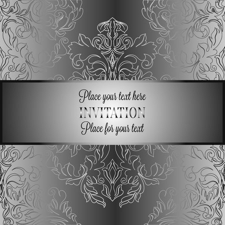 Baroque background with antique, luxury gray and metal silver vintage frame, victorian banner, damask floral wallpaper ornaments, invitation card, baroque style booklet, fashion pattern.のイラスト素材