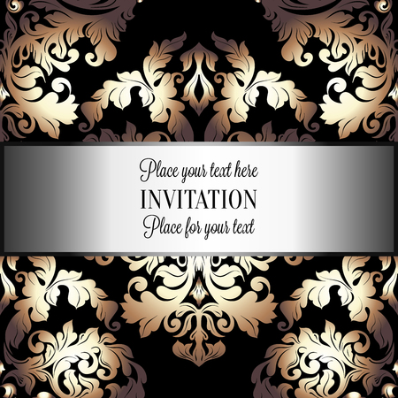 Baroque background with antique, luxury black and gold vintage frame, victorian banner, damask floral wallpaper ornaments, invitation card, baroque style booklet, fashion pattern, template for design.のイラスト素材