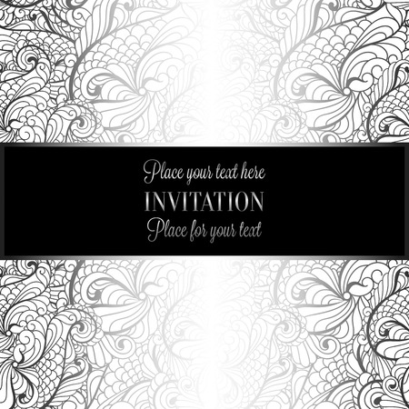Baroque background with antique, luxury white and silver vintage frame, victorian banner, damask floral wallpaper ornaments, invitation card, baroque style booklet, fashion pattern, template for designのイラスト素材