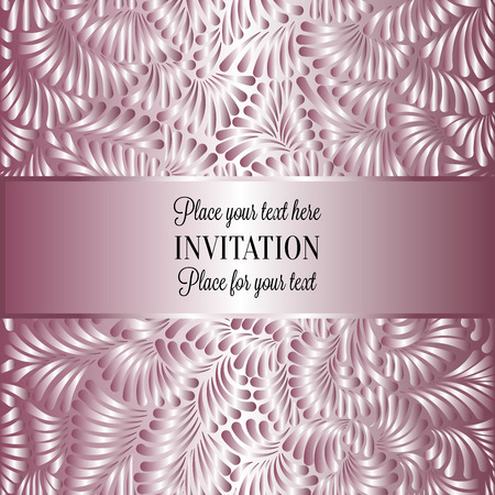 Abstract background with luxury metal pink place for text vintage tracery made of feathers, damask floral wallpaper ornaments, invitation card template, fashion pattern on pink and gray background.のイラスト素材