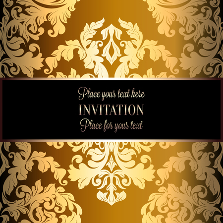 Baroque background with antique, luxury black and gold vintage frame, victorian banner, damask floral wallpaper ornaments, invitation card, baroque style booklet, fashion pattern, template for design.のイラスト素材