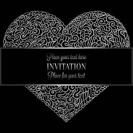 Romantic background with antique, luxury black and metal silver vintage card, victorian banner, heart made of doodle swirls wallpaper ornaments, invitation card, baroque style booklet with text love.のイラスト素材