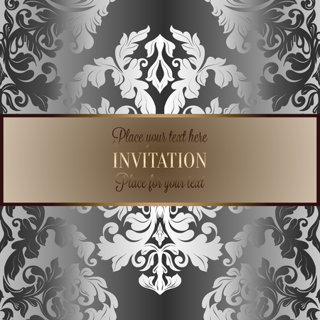 Baroque background with antique, luxury silver and gold vintage frame, victorian banner, damask floral wallpaper ornaments, invitation card, baroque style booklet, fashion pattern.のイラスト素材